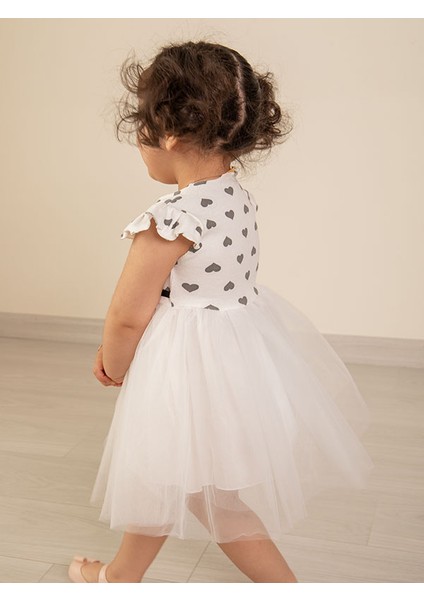 Kalp Desenli Tüllü Kız Çocuk Beyaz Yazlık Elbise modelleri