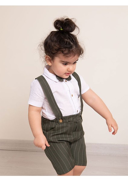 Haki Çizgili Kumaş Erkek Bebek Papyonlu Yazlık Salopet Bayramlık fiyatları