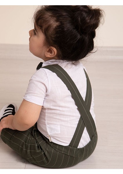 Haki Çizgili Kumaş Erkek Bebek Papyonlu Yazlık Salopet Bayramlık modelleri
