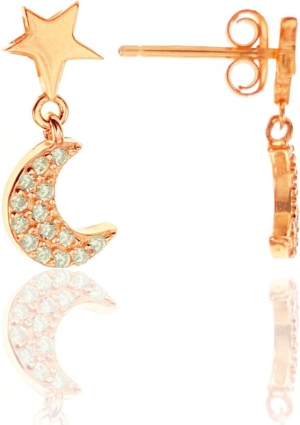 Kadın Zirkon Taşlı Ayyıldız Rose Gümüş Küpe DGN20353