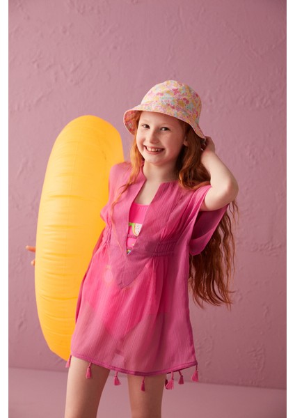 Kız Çocuk Pembe Püskül Detaylı Basic Kaftan