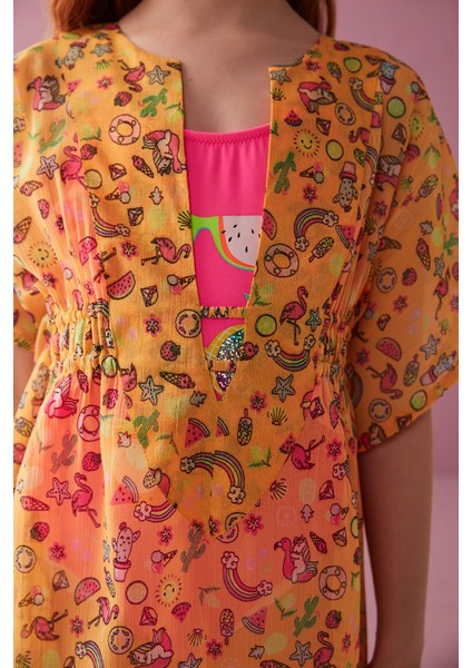 Kız Çocuk Turuncu Unicorn Desenli Basic Printed Kaftan