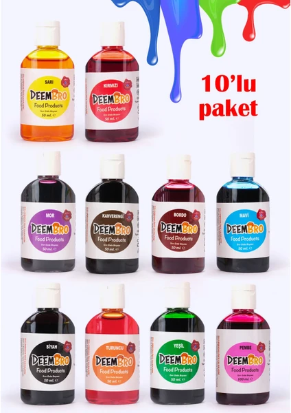 Gıda Boyası Seti 10 Adet 10 Renk 50 ml x 10 Adet Su Bazlı Sıvı Gıda Boyaları Seti