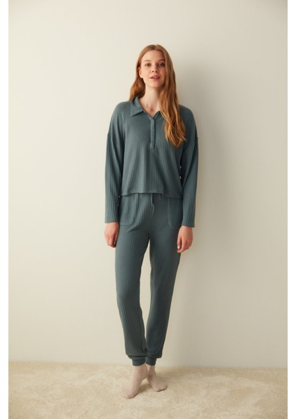 Dark Grey Waffle Pantolon Pijama Seti
