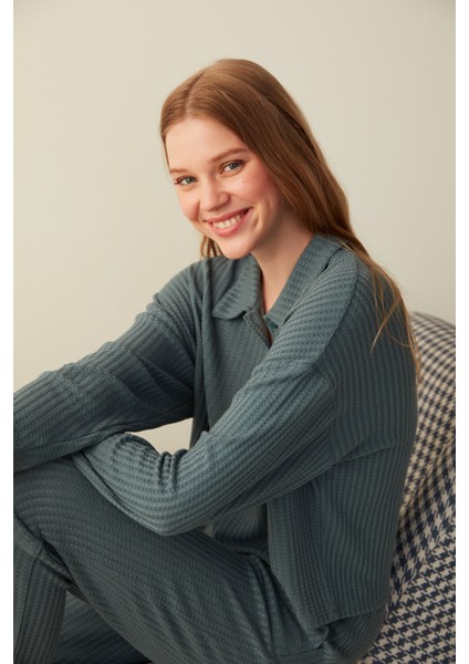 Dark Grey Waffle Pantolon Pijama Seti