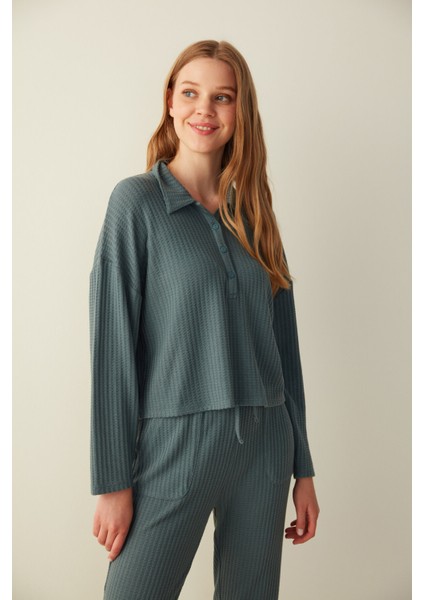 Dark Grey Waffle Pantolon Pijama Seti