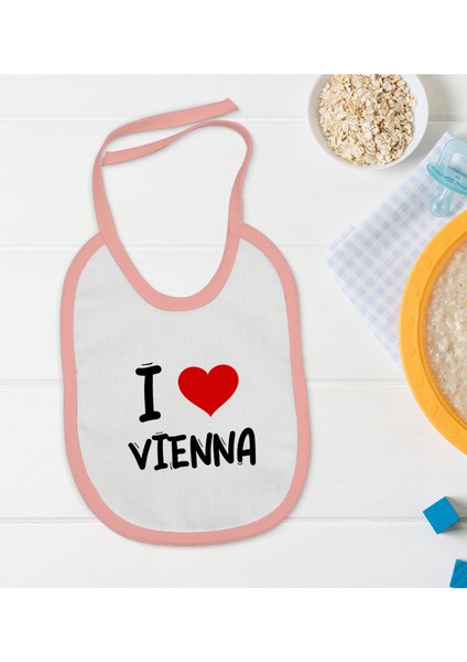 Kids I Love Vienna Tasarımlı Pembe Bebek Mama Önlüğü - Model 1