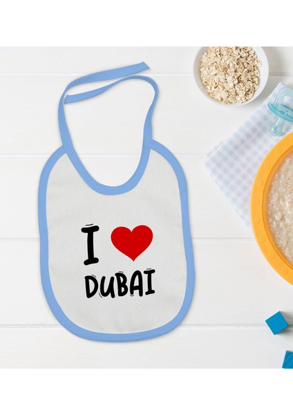 Kids I Love Dubai Tasarımlı Mavi Bebek Mama Önlüğü - Model 1