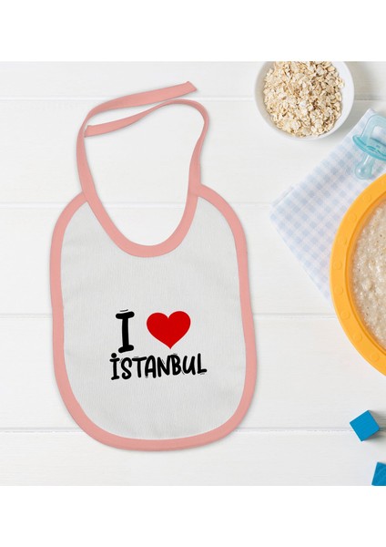 Kids I Love Istanbul Tasarımlı Pembe Bebek Mama Önlüğü - Model 1