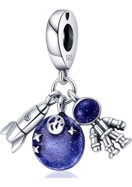 925 Ayar Gümüş Astronot Uzay ve Mekiği Sallantılı Charm