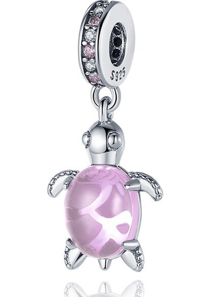 925 Ayar Gümüş Murano Camı Pembe Deniz Kaplumbağası Sallantılı Charm