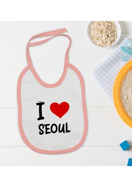 Kids I Love Seoul Tasarımlı Pembe Bebek Mama Önlüğü - Model 1