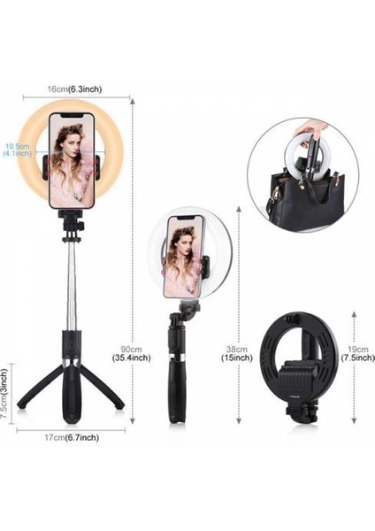 Bluetooth Tripodlu Canlı Yayın Seti 6.3 Inch 16CM Selfy Işığı 1200 Mah 3farklı Ton Selfy