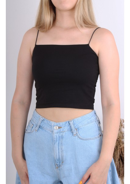 Ip Askılı Siyah Basic Crop Bluz