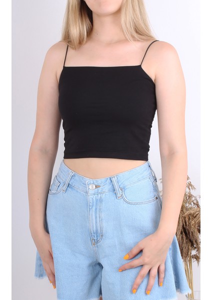 Ip Askılı Siyah Basic Crop Bluz