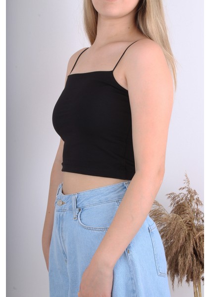 Ip Askılı Siyah Basic Crop Bluz