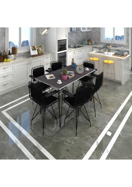 Knsz masa sandalye takımı hem75mazlum grisyh 130*070 klçsm 6 sandalye syhsyh kolçaklı sırt minderli