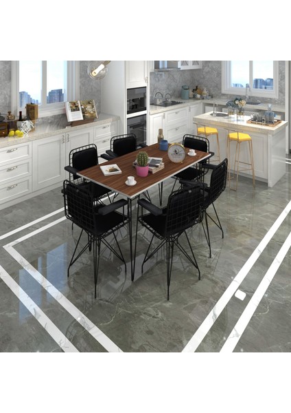 Knsz Masa Sandalye Takımı HEM75MAZLUM Cvzsyh 130*070 Klçsm 6 Sandalye Syhsyh Kolçaklı Sırt Minderli