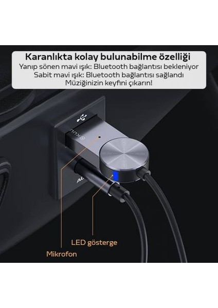 Spiral Kablolu Wireless Bluetooth 5.0 3.5mm Jack Aux Araç Ses Aktarım Kiti Adaptöru