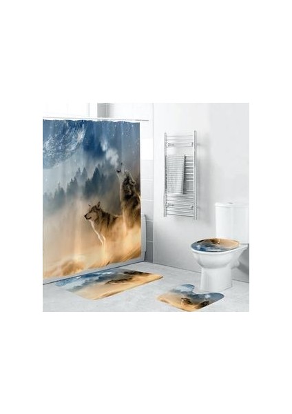 4 Parça Banyo Dekorasyon Aksesuarları Kanca ile Kurt Baskı Banyo Perdesi (Yurt Dışından)