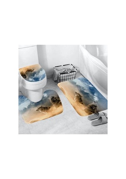 4 Parça Banyo Dekorasyon Aksesuarları Kanca ile Kurt Baskı Banyo Perdesi (Yurt Dışından)