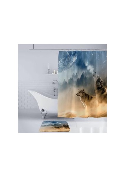 4 Parça Banyo Dekorasyon Aksesuarları Kanca ile Kurt Baskı Banyo Perdesi (Yurt Dışından)