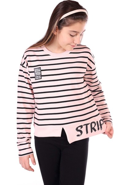 Toontoy Kız Çocuk Çizgili Striped Baskılı Sweatshirt