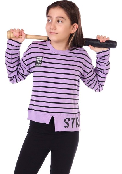 Toontoy Kız Çocuk Çizgili Striped Baskılı Sweatshirt