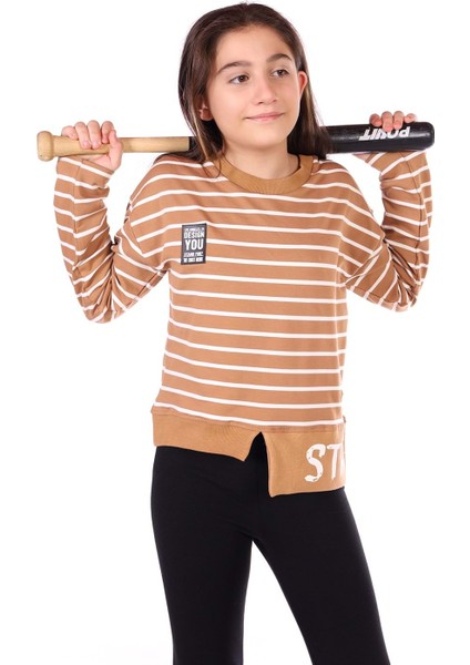 Toontoy Kız Çocuk Çizgili Striped Baskılı Sweatshirt