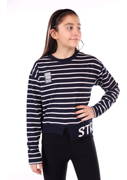 Toontoy Kız Çocuk Çizgili Striped Baskılı Sweatshirt