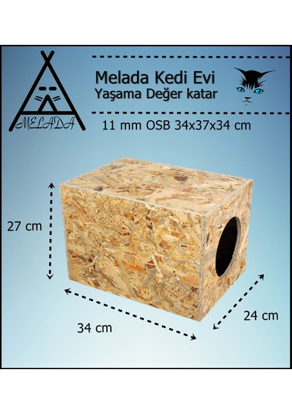 Melada Kedi Evi Dış Ortam Uygun Ahşap Kedi Evi Osb 34X27X24 cm