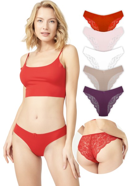 Arkası Dantelli Lazer Kesim Kadın Bikini Külot 5'li Paket