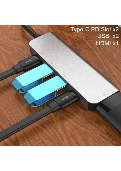 Pd Type C 5 in 1 60W Şarj Hdmi ve USB Çoğaltıcı Adaptör 2x Pd Type C 2x USB ve 1x 4K HDMI