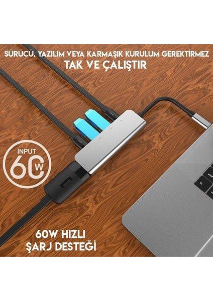 Pd Type C 5 in 1 60W Şarj Hdmi ve USB Çoğaltıcı Adaptör 2x Pd Type C 2x USB ve 1x 4K HDMI