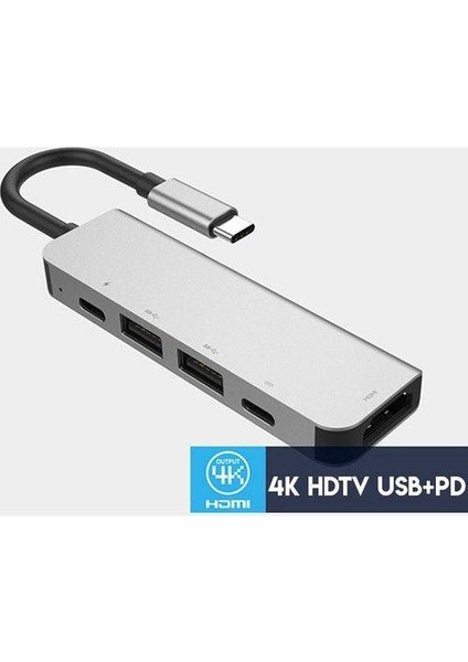 Pd Type C 5 in 1 60W Şarj Hdmi ve USB Çoğaltıcı Adaptör 2x Pd Type C 2x USB ve 1x 4K HDMI