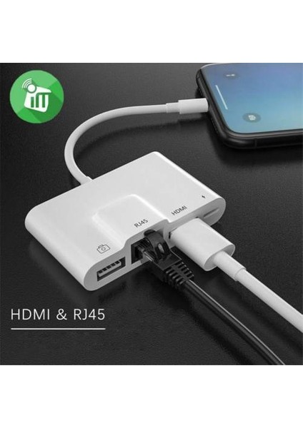 Apple Ipad ve Iphone Iç in Lightn in g 3 in 1 Hdmı RJ45 ve Otg Dönüştürücü Kablosu