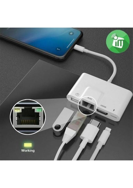Apple Ipad ve Iphone Iç in Lightn in g 3 in 1 Hdmı RJ45 ve Otg Dönüştürücü Kablosu