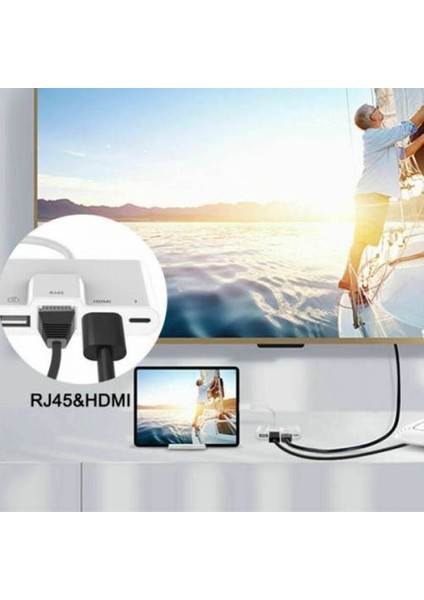 Apple Ipad ve Iphone Iç in Lightn in g 3 in 1 Hdmı RJ45 ve Otg Dönüştürücü Kablosu