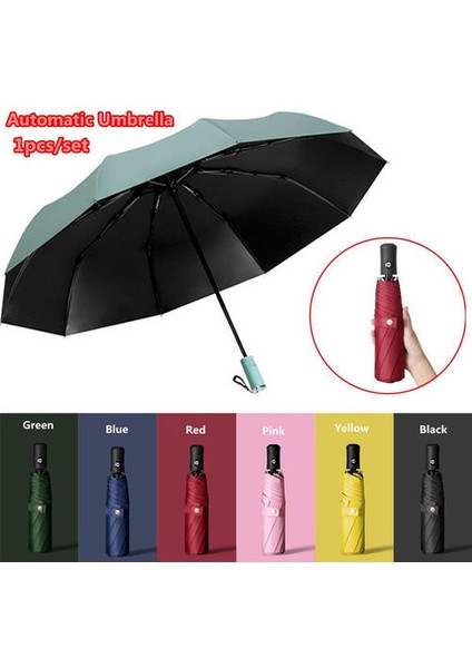 Üç Katlanır Otomatik Şemsiye Saf Renk Erkekler ve Kadınlar Için Sun Anti-Sun Yağmur Şemsiyesi (Pembe) (Yurt Dışından)