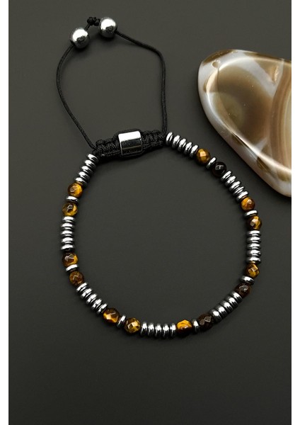 Kaplan Gözü Doğal Taşlı Kahverengi Renkli Ayarlanabilir Makrome Erkek Bileklik FRJ11549-1649-K