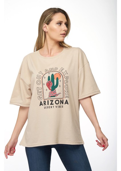 Kadın Oversize Arizona Baskılı T-Shirt modelleri
