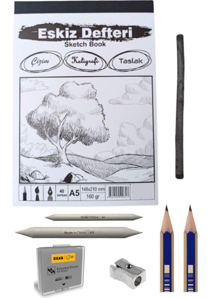 Eskiz Seti, Eskiz Başlangıç Seti, Defter, Kömür Kalemi, Pastel Dağıtıcı, Hamur Silgi..