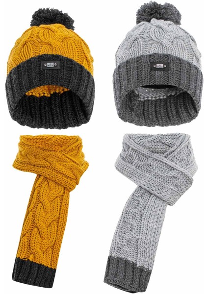 BA101 Çocuk Gri Hardal Ikili Atkı Bere Set
