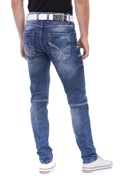 CD695 Cep Nakışlı Parçalı Mavi Kot Pantolon