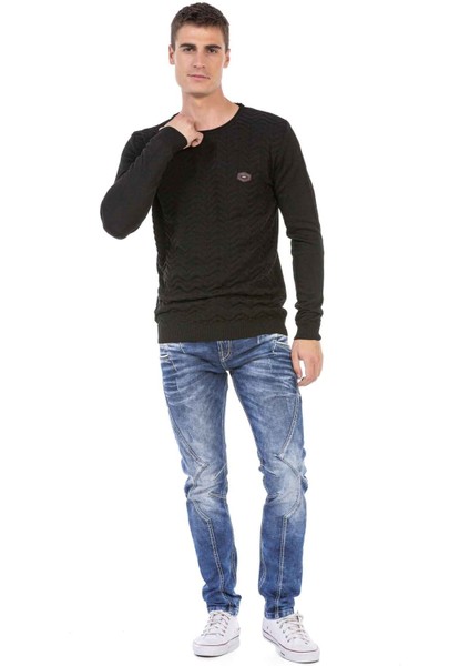 CD695 Cep Nakışlı Parçalı Mavi Kot Pantolon