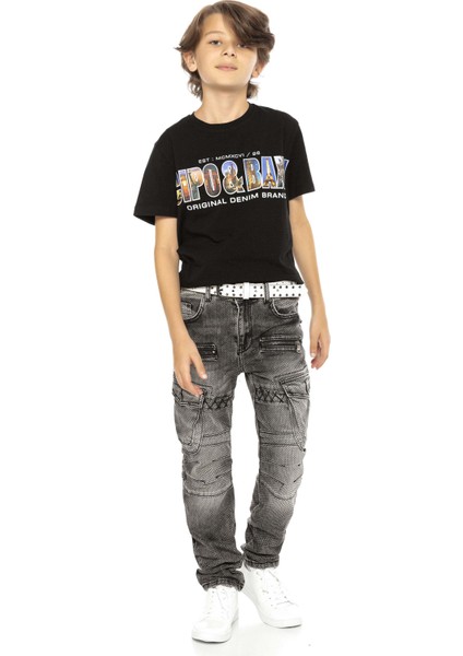 CDK111 Biker Jeans Kargo Cep Siyah Çocuk Pantolon