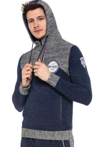 CL372 Kapşonlu Fermuarlı Çizgili Ince Spor Sweatshirt