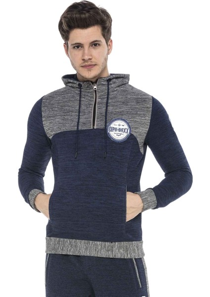 CL372 Kapşonlu Fermuarlı Çizgili Ince Spor Sweatshirt