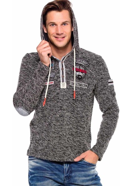 CL359 Düğmeli Kapşonlu Gri Örme Erkek Sweatshirt