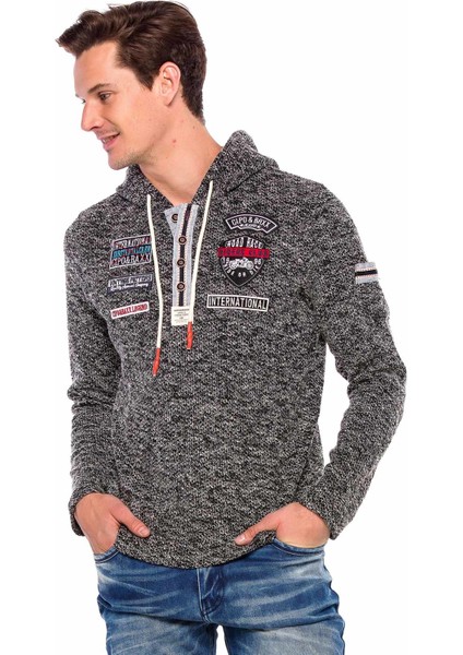 CL359 Düğmeli Kapşonlu Gri Örme Erkek Sweatshirt